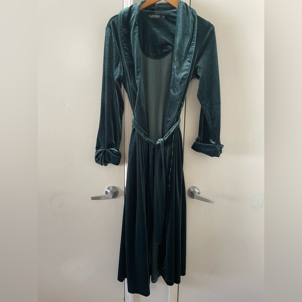 Lauren by Ralph Lauren Velvet Long Shawl-Collar Robe Embroidered logo - Picture 4 of 7
